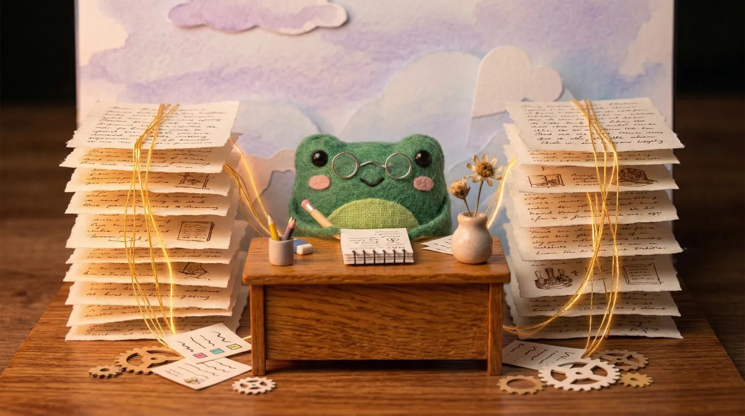Bob the felt frog at his desk with stacked papers connected by golden threads, illustrating how cumulative memory connects meetings over time