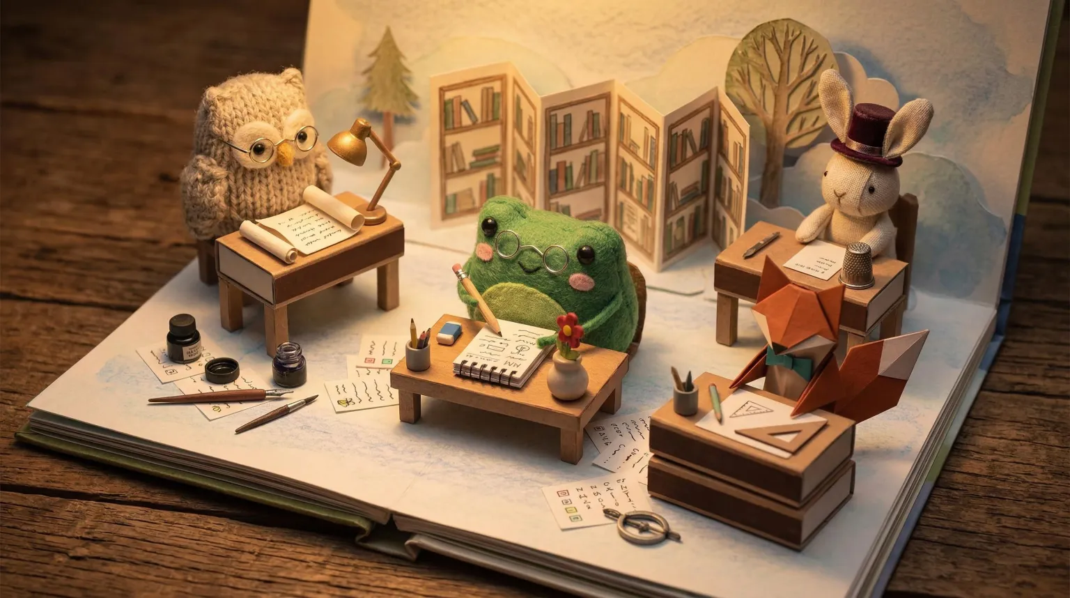 Bob the felt frog surrounded by unique miniature assistant characters — an owl, fox, and bunny — each at their own desk, showing how every assistant can be customized
