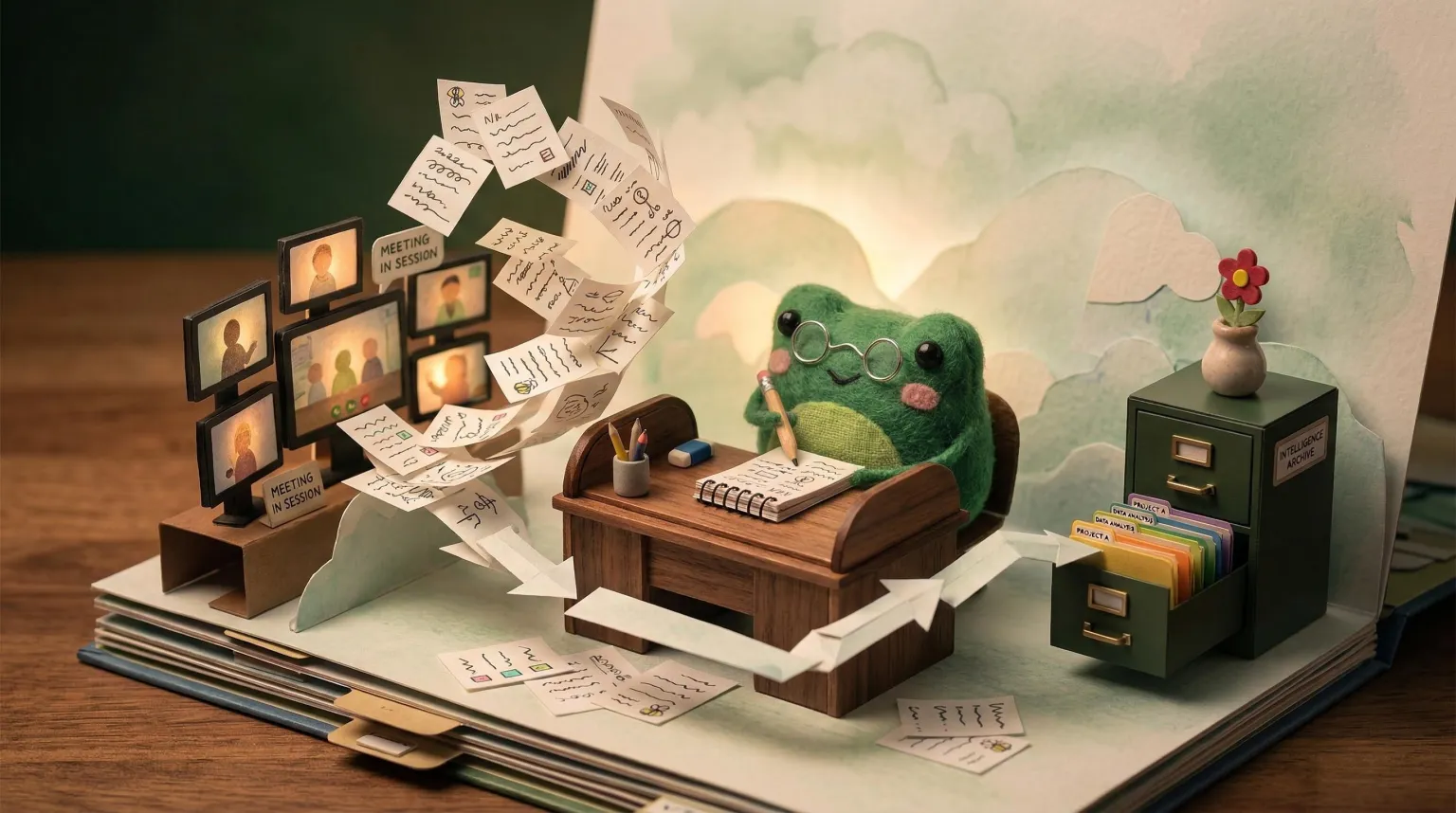 Bob the felt frog at his desk with a miniature calendar, video screens, and paper notes flowing into an organized filing system, showing the meeting-to-intelligence pipeline
