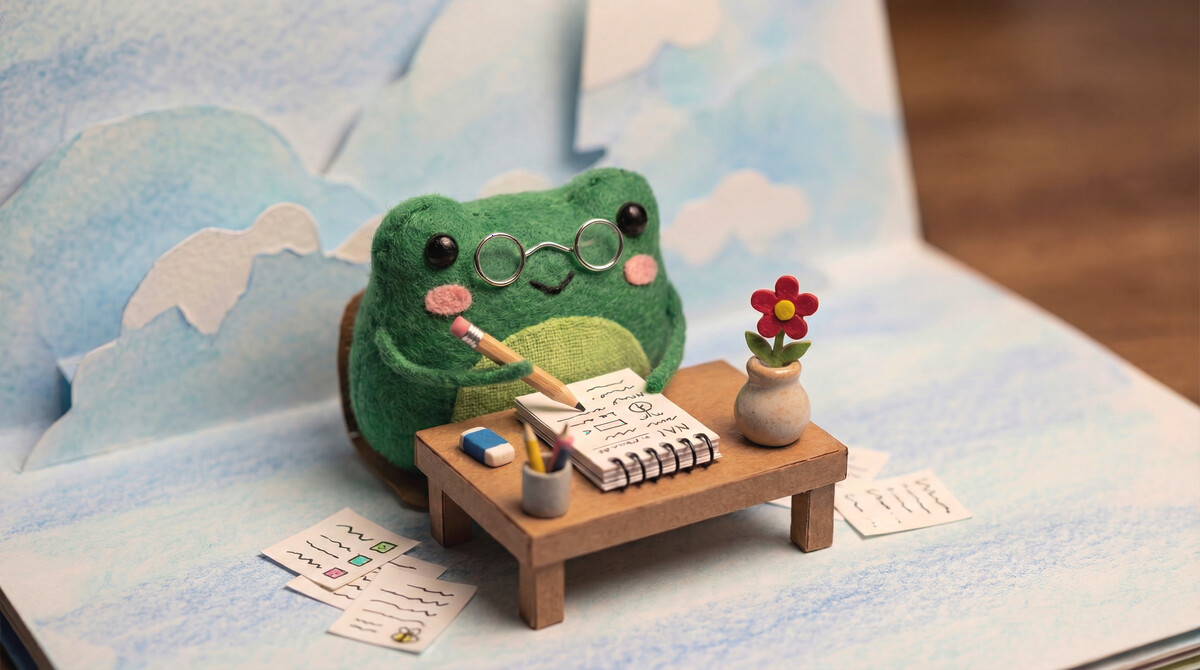 Bob the felt frog at his desk, writing meeting notes in a pop-up book scene