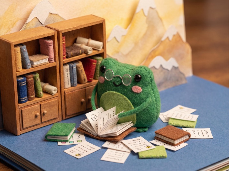 Bob filing notes into a growing library of felt books, with new pages appearing automatically