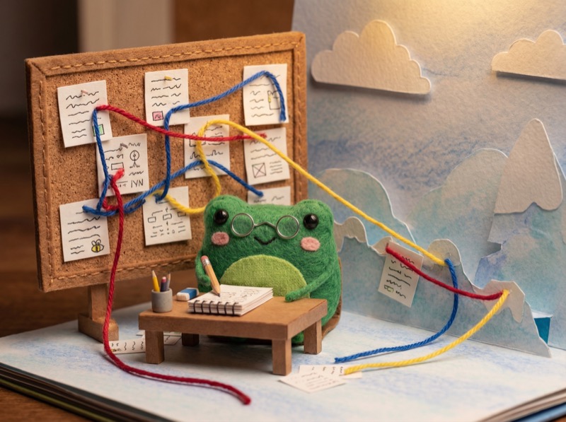 Bob surrounded by connected meeting notes with threads linking related discussions