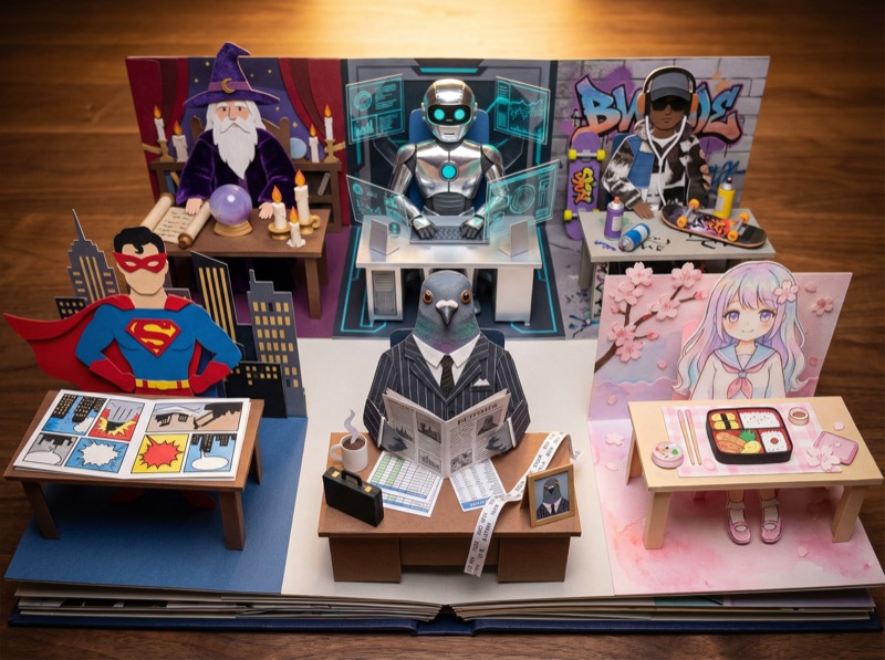 Multiple unique assistant characters – a felt frog, a knitted owl, a paper fox – each at their own desk